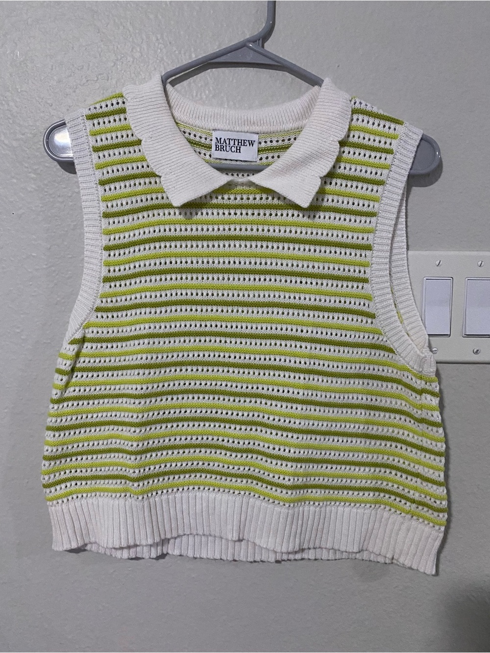 Matthew Bruch White & Lime Striped Knit Polo Crop Top